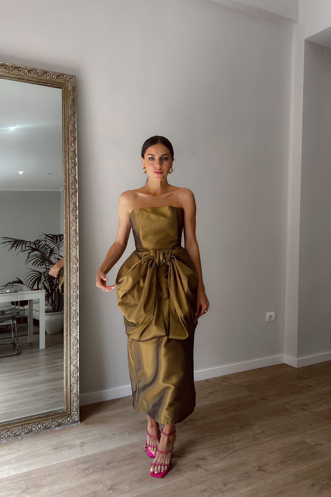 LONG BRONZE DRESS WITH BOW