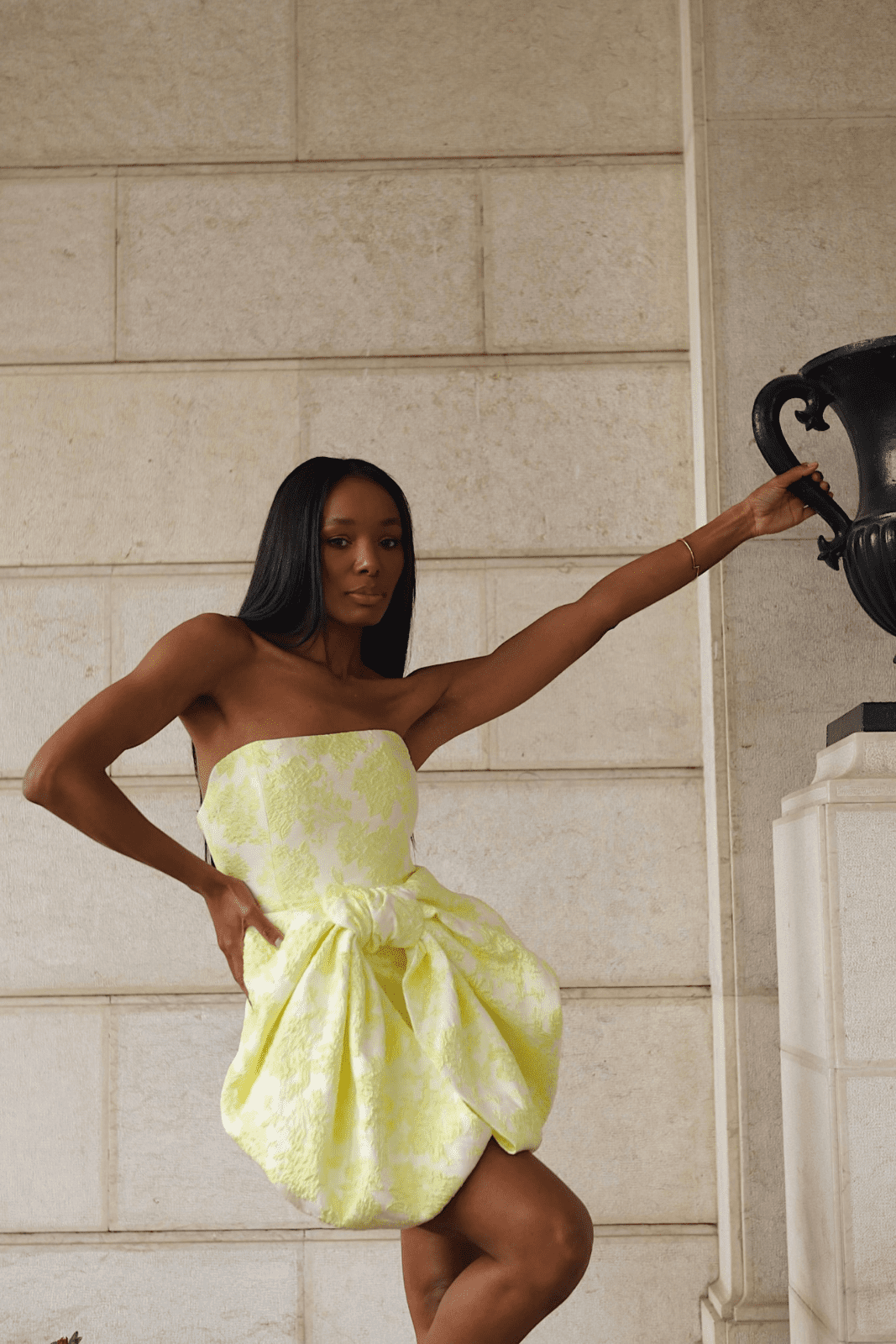 YELLOW FLORAL JACQUARD BOW DRESS