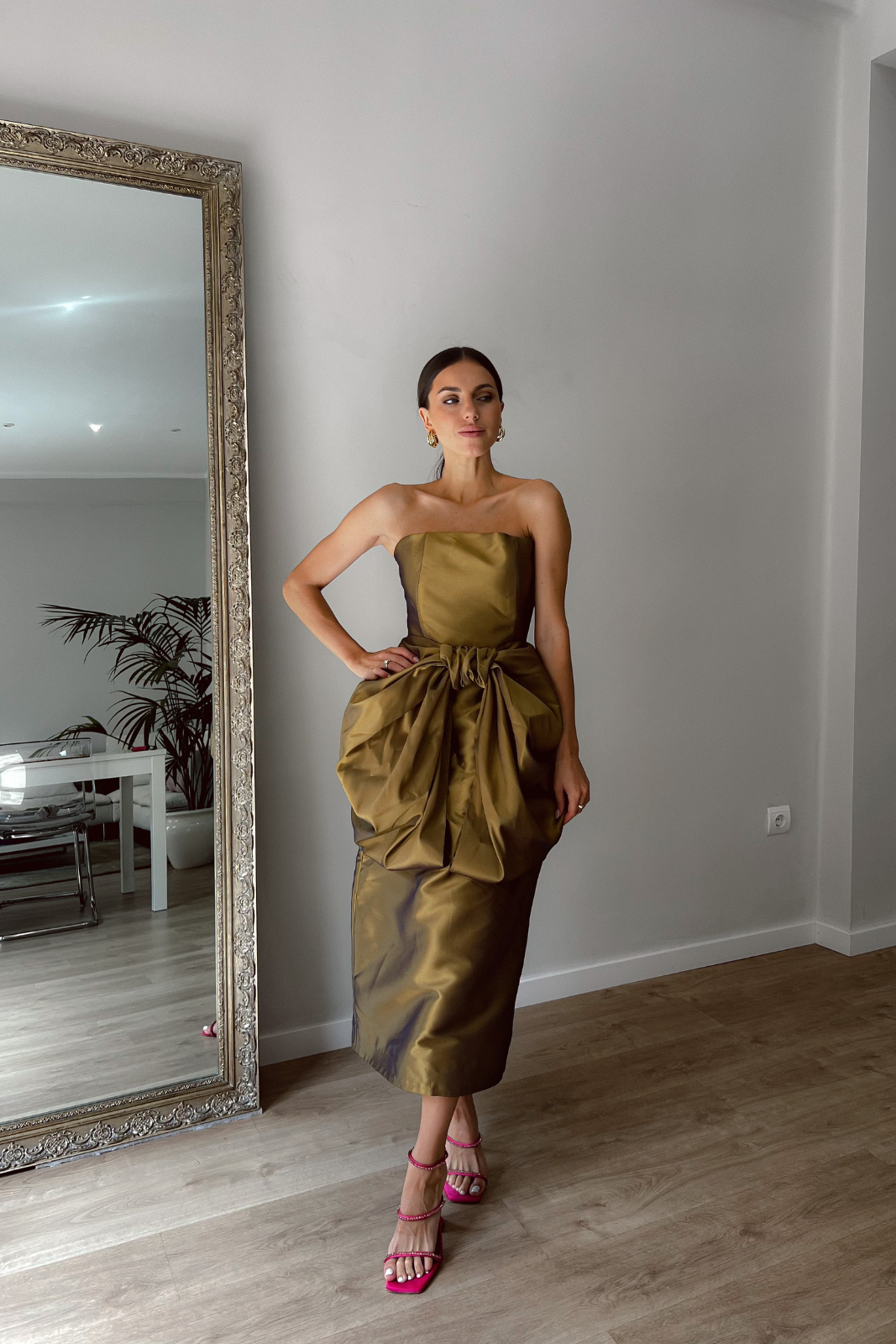 LONG BRONZE DRESS WITH BOW