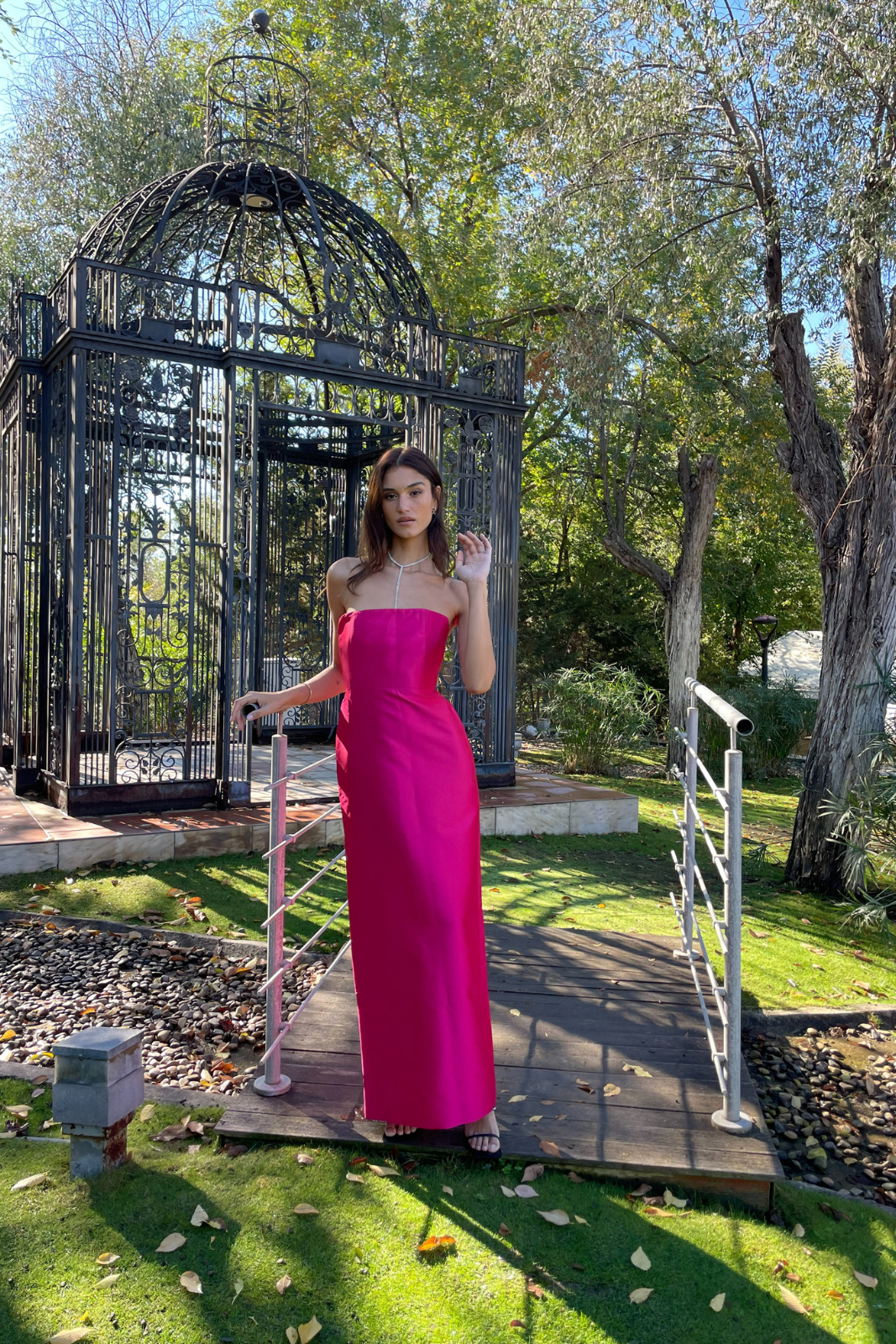 LONG FUCHSIA DRESS STRAIGHT NECKLINE