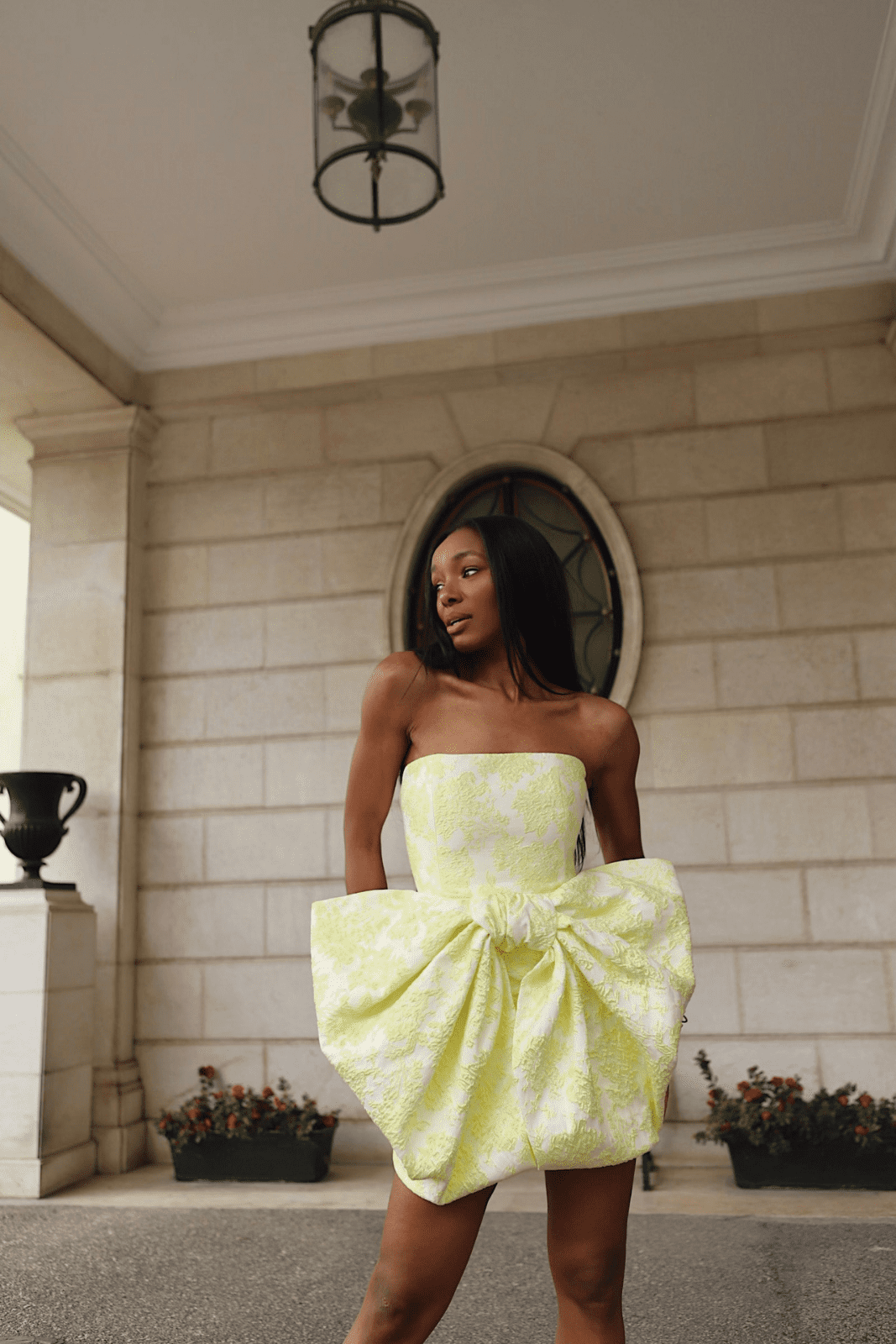 YELLOW FLORAL JACQUARD BOW DRESS