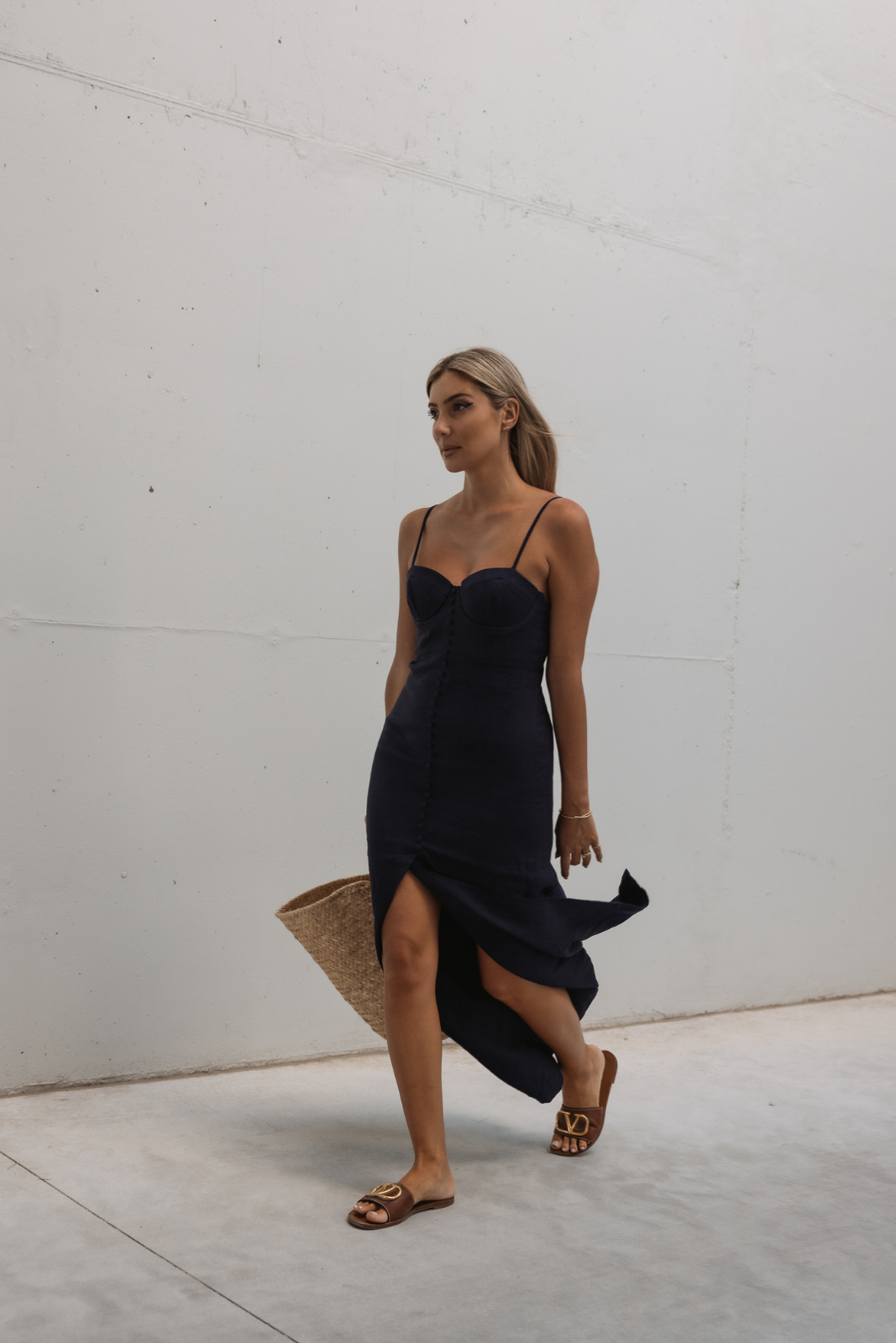 ROBE MIDI EN LIN BLEU MARINE KAO