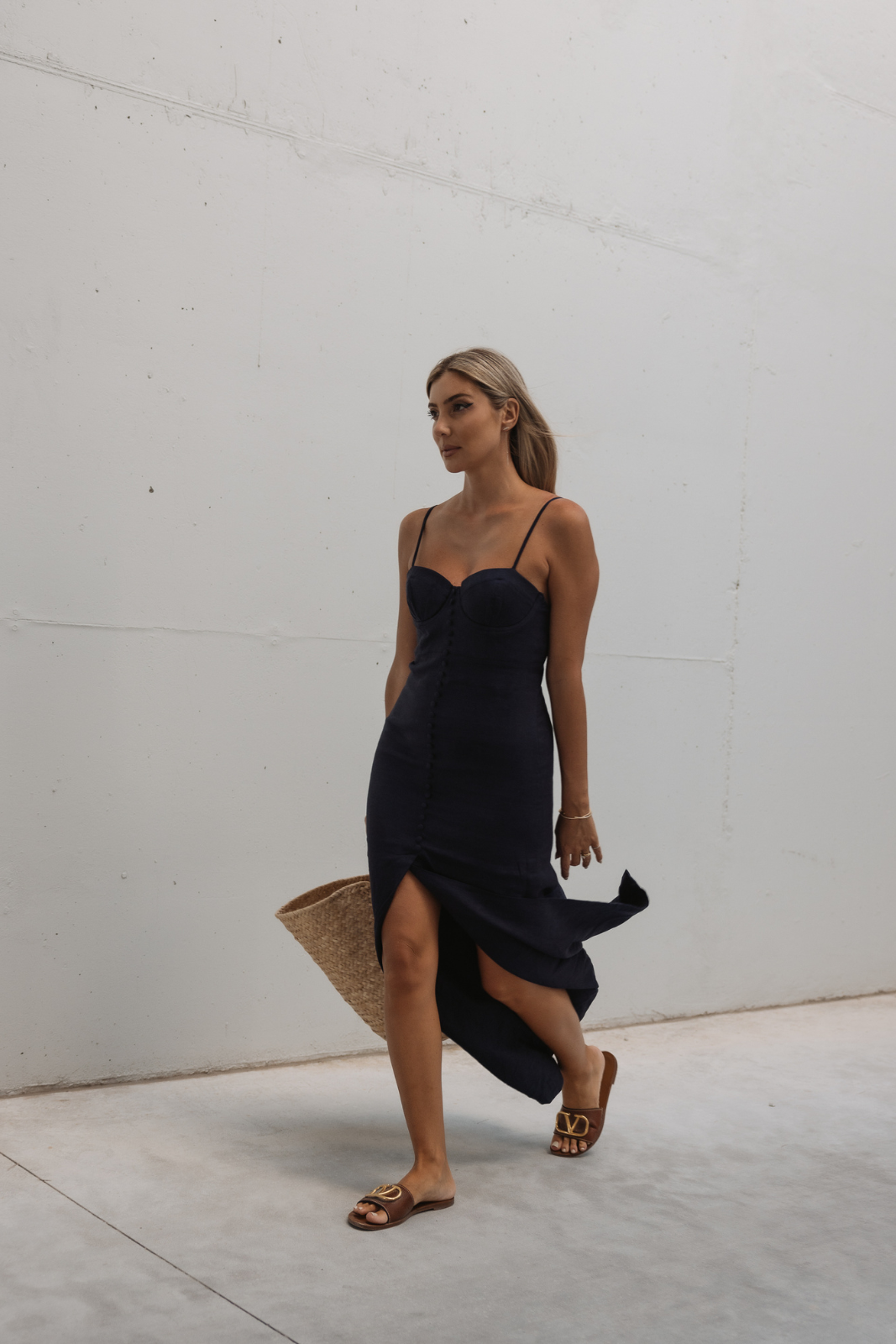 ROBE MIDI EN LIN BLEU MARINE