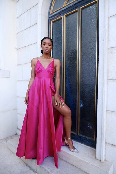 VESTITO LUNGO FUCSIA CON SPACCO KAOA
