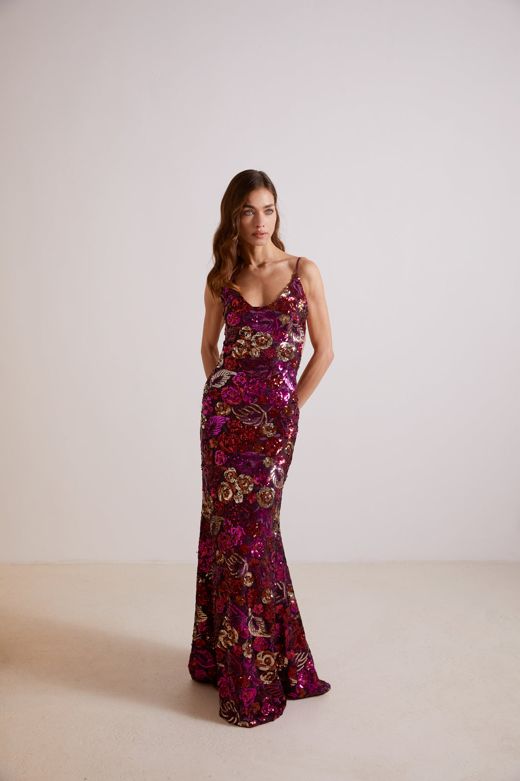 PURPLE SEQUIN DRESS WITH FLOWERS