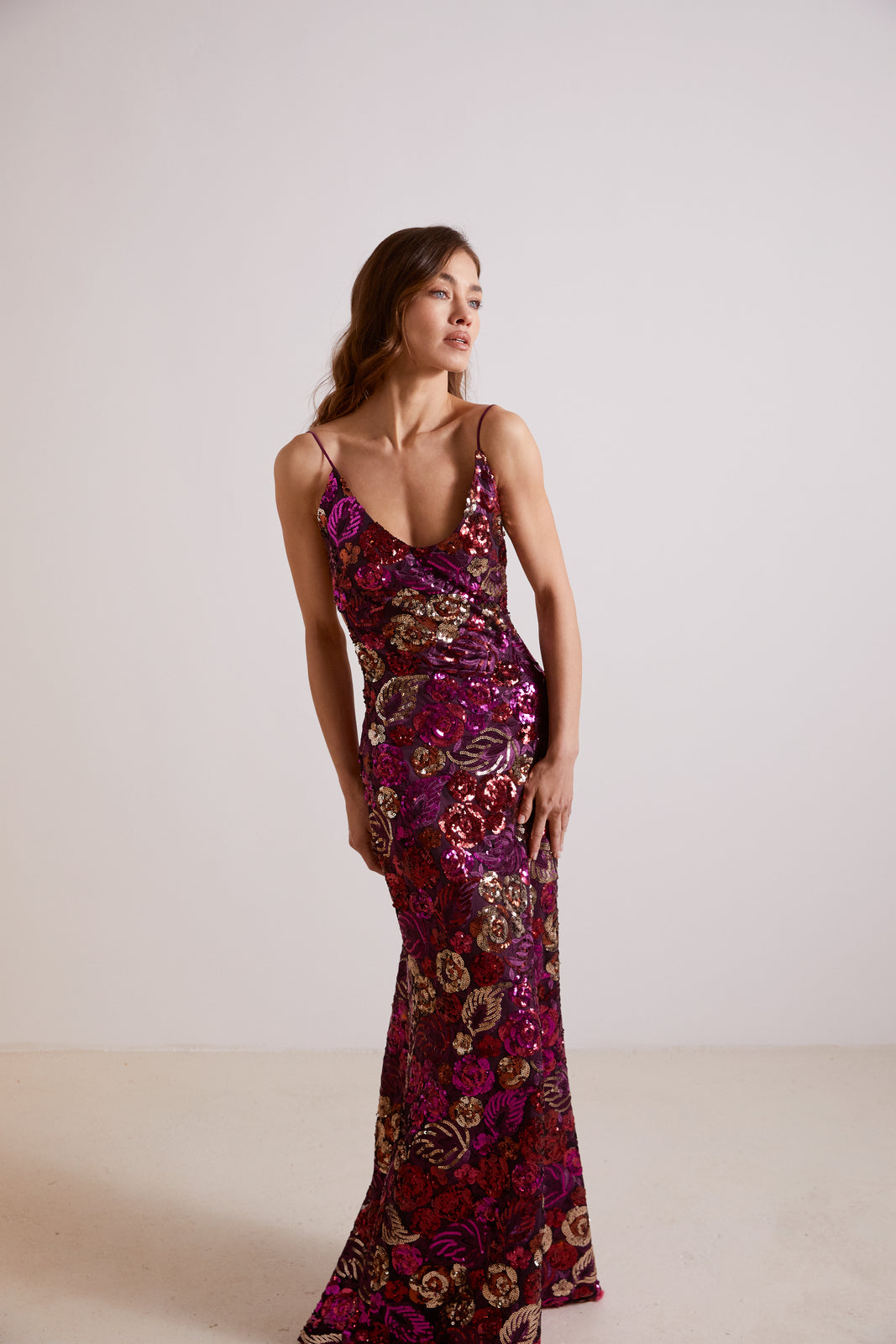 PURPLE SEQUIN DRESS WITH FLOWERS