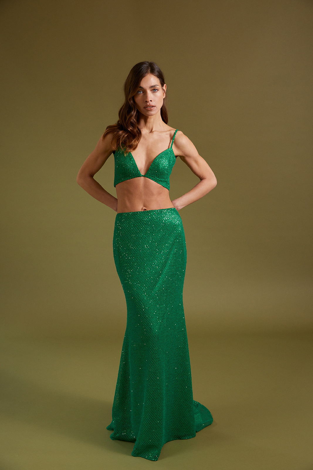 SEQUINED GREEN LONG SKIRT