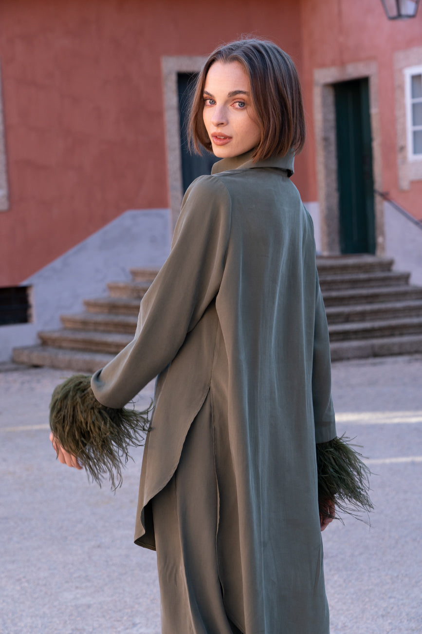 KHAKI SHIRT WITH FEATHERS