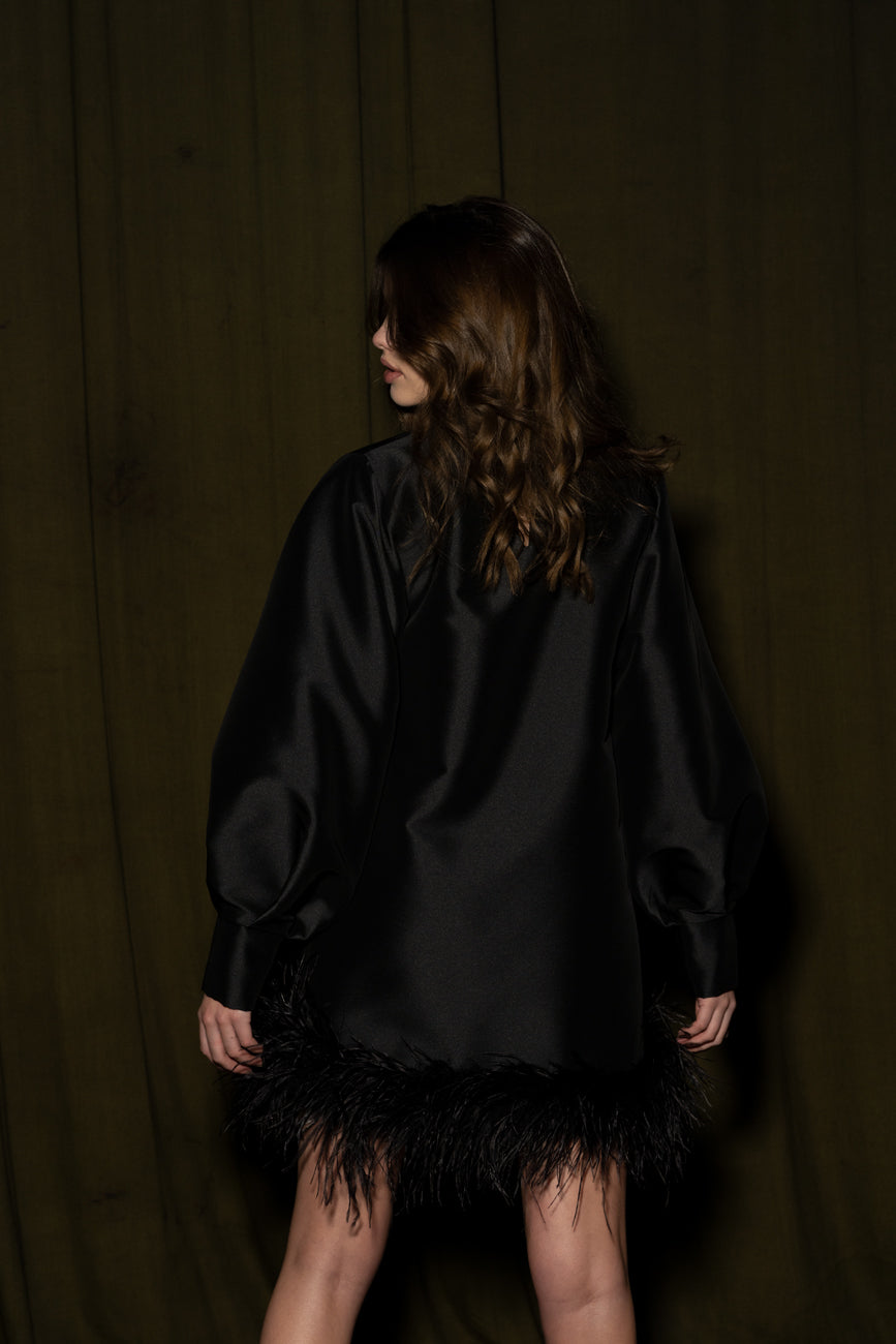 BLACK DRESS STRUCTURED WITH FEATHERS
