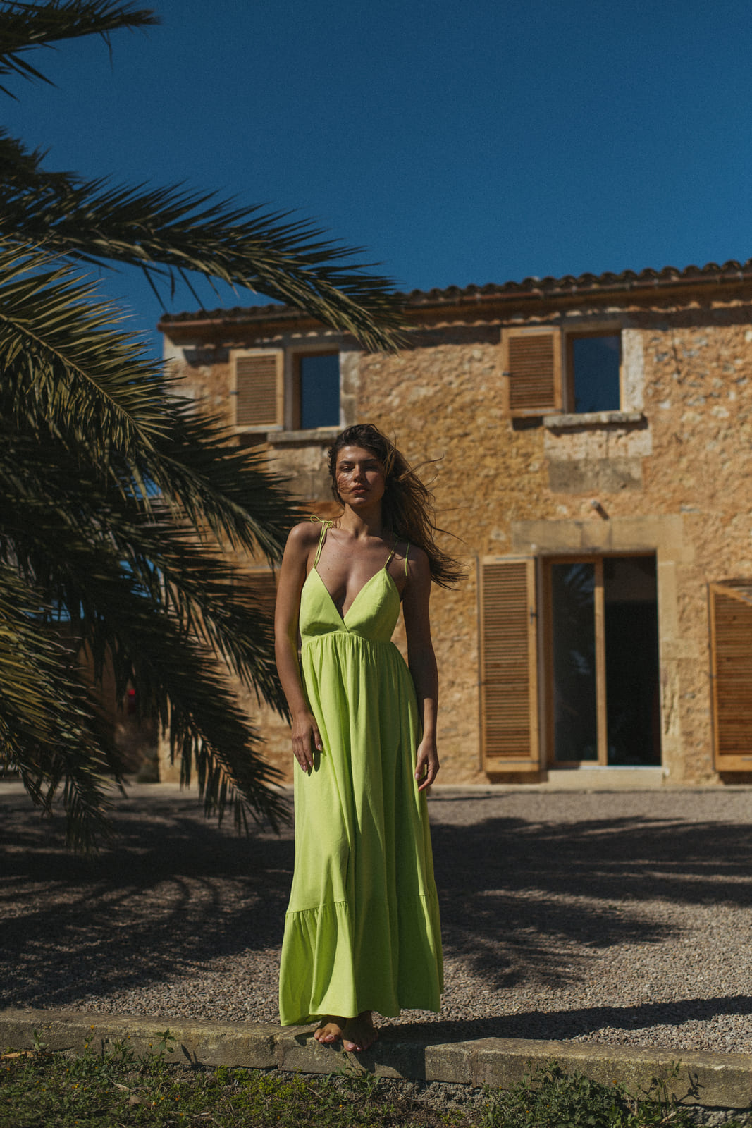 CROSS-STRAP LIME GREEN LINEN DRESS - KAO CROSS-STRAP LIME GREEN LINEN DRESS - KAO
