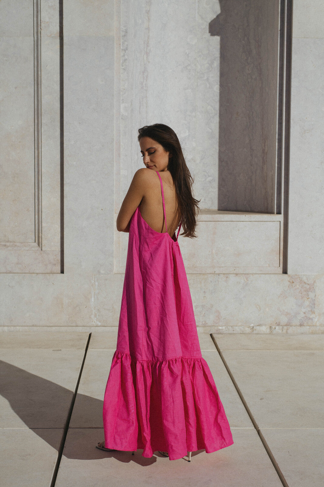 PINK LINEN DRESS WITH FRILLS