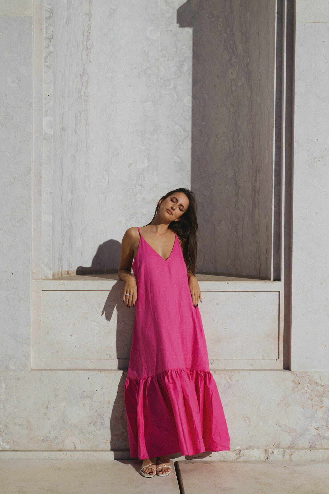 PINK LINEN DRESS WITH FRILLS