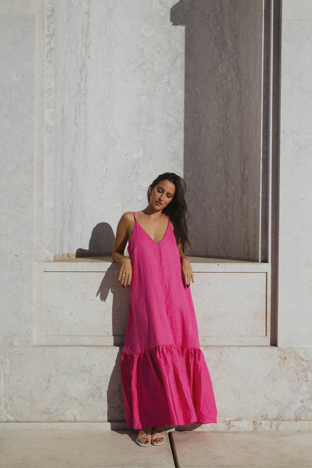 linen dress pink PINK LINEN DRESS WITH FRILLS