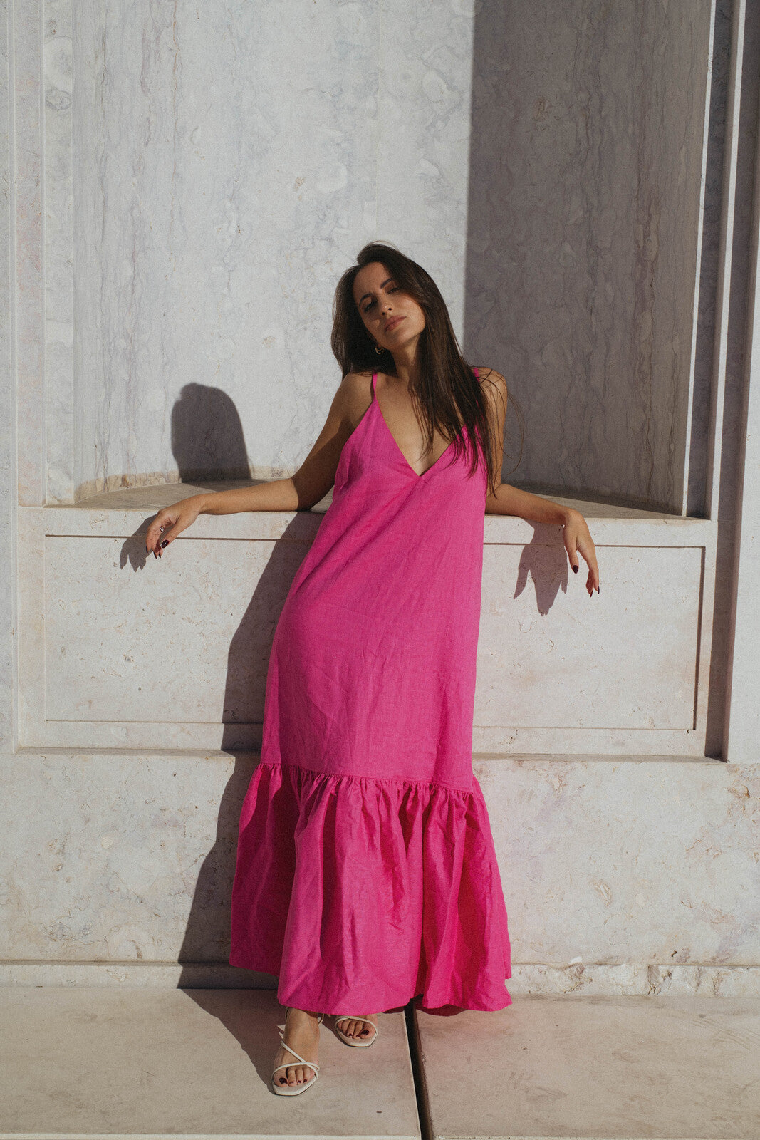 PINK LINEN DRESS WITH FRILLS