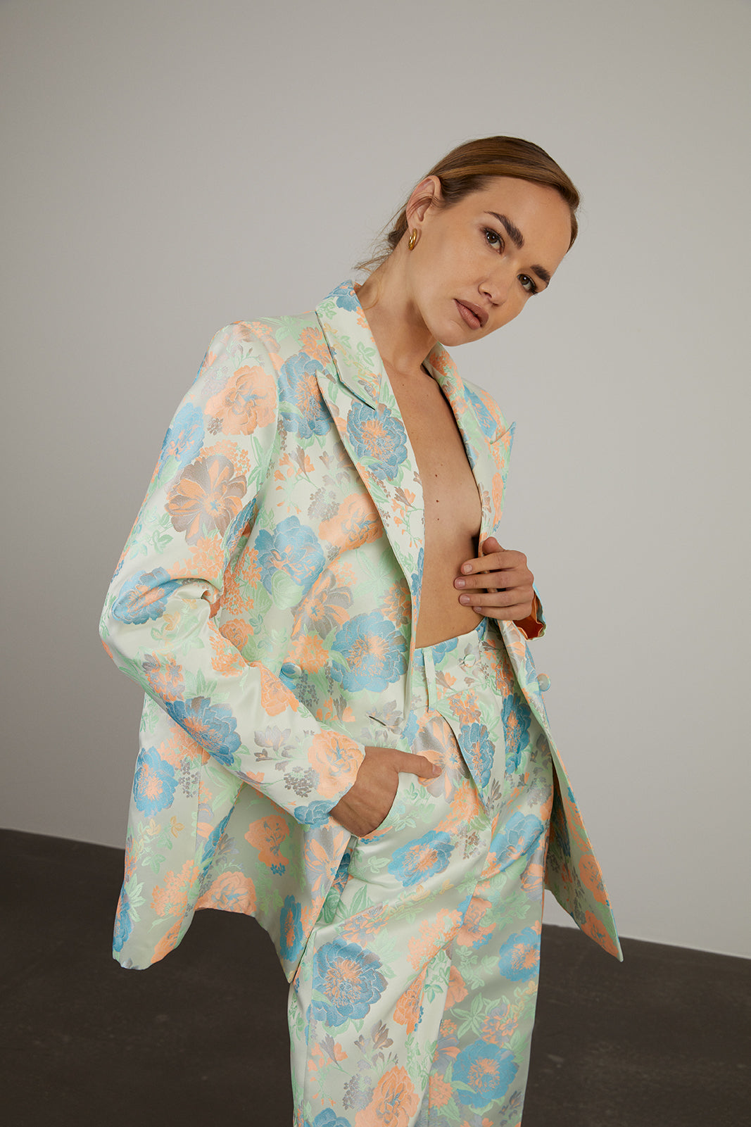 BLAZER BLEU SAUMON JACQUARD OVERSIZE IMPRIMÉ FLORAL