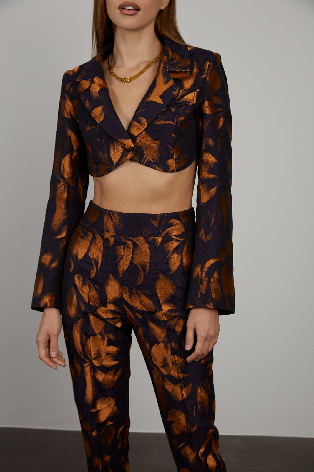 CASACO AZUL JACQUARD ESTAMPADO LARANJA FLORAL