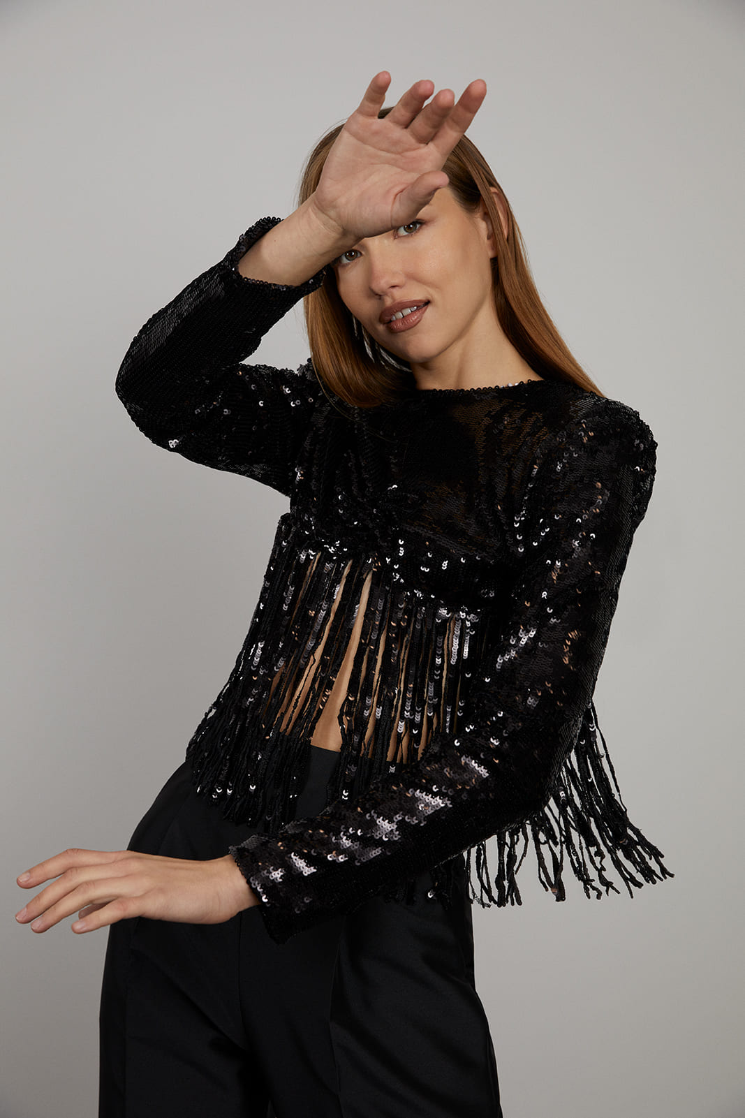 BLACK SEQUINED TOP WITH FRINGES