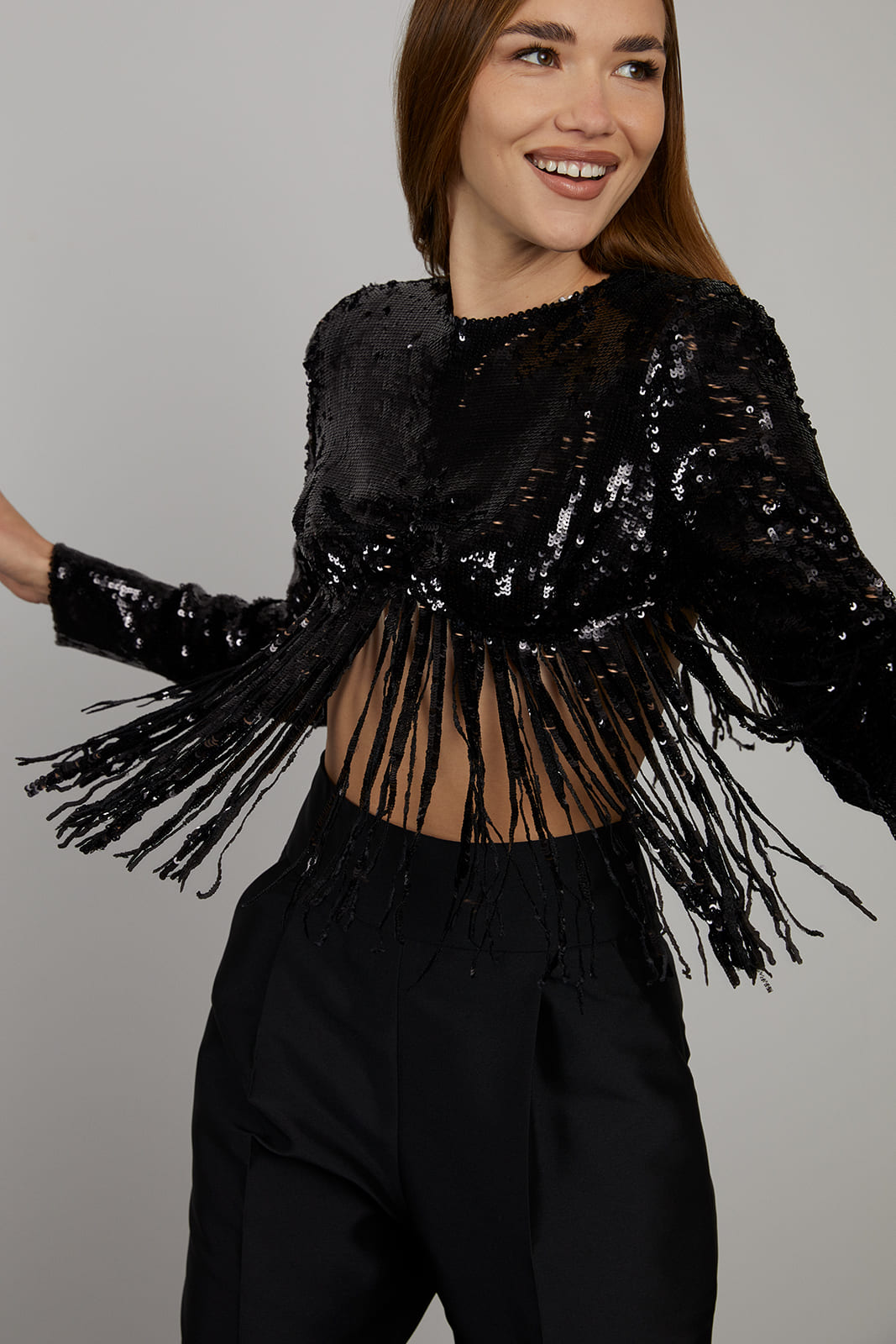 BLACK SEQUINED TOP WITH FRINGES