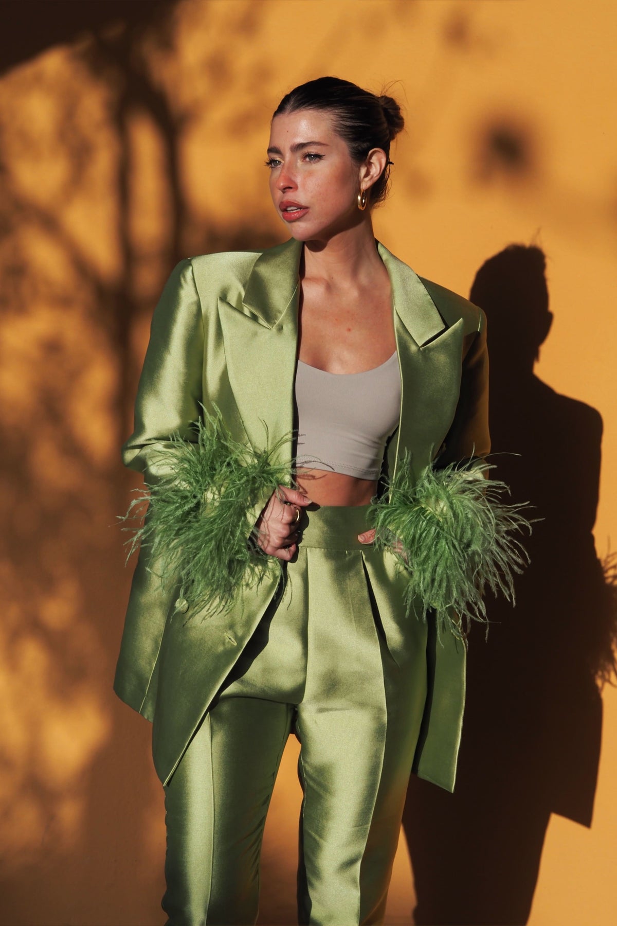 GREEN OVERSIZED BLAZER WITH FEATHERS