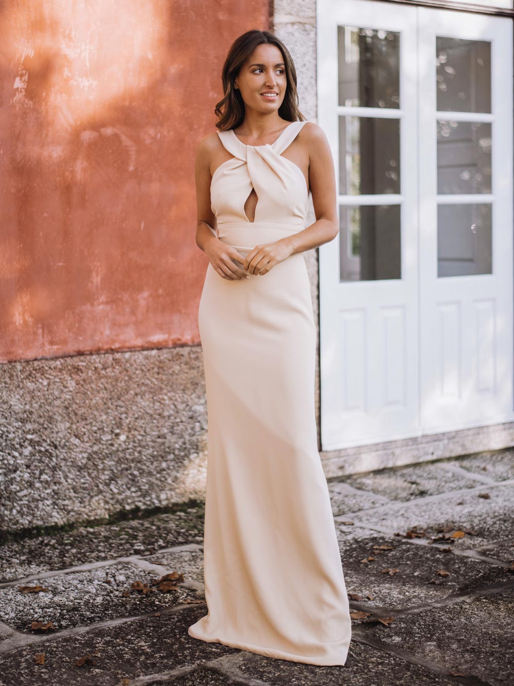 beige long dress Sleeve Maxi w/ High Slit Champagne Dress | Beige Sample